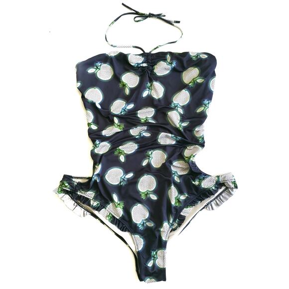 MIU MIU Resort 2011 apple print monokini ruffle one piece swim suit blue Sz 42 6 - Picture 3 of 8